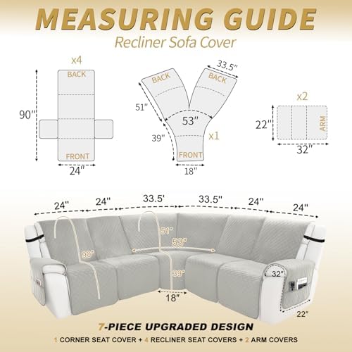 Waterproof Recliner Sectional Sofa Cover Set - 5 Seater Light Gray