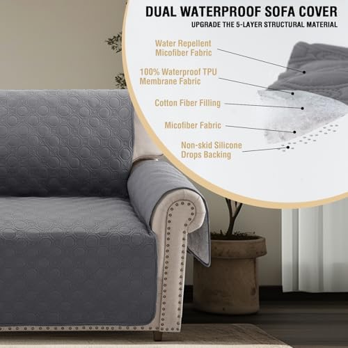 PrinceDeco Waterproof Sofa Slipcover with Elastic Straps Grey