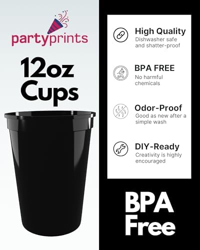 PartyPrints 10 Pack Black Reusable Plastic Cups