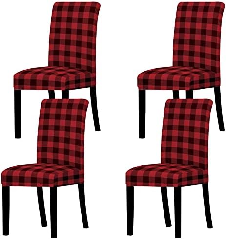 Whaline 4Pcs Red Black Plaid Dining Chair Covers with Elastic Stretch Fit