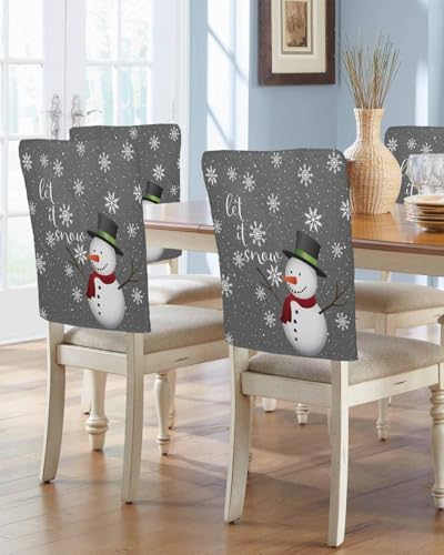 Christmas Chair Back Covers Set of 4 Snowman Snowflake Burlap Linen Slipcovers