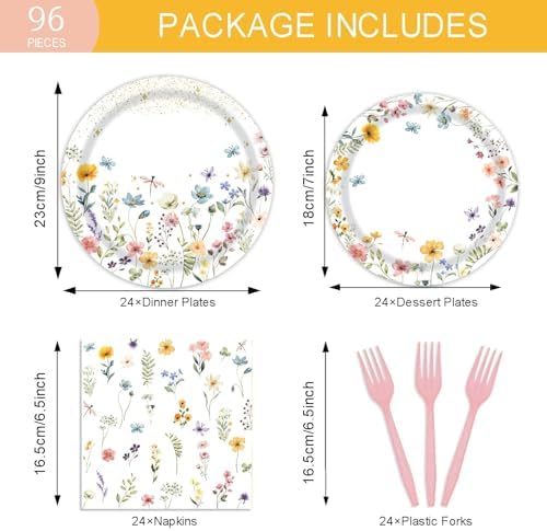96 Pcs Wildflower Party Supplies for 24 Guests