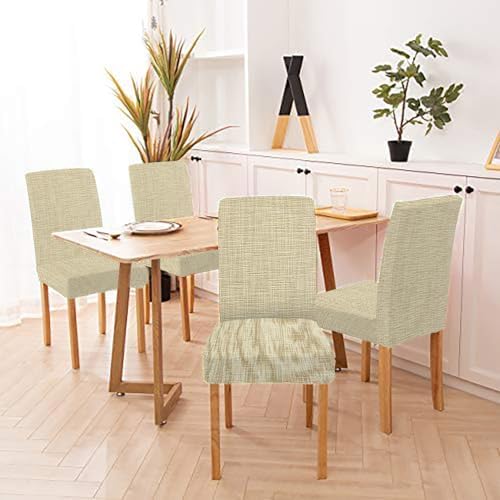 Rustic Texture Dining Chair Covers 4 Pack Natural Canvas Stretch Slipcovers