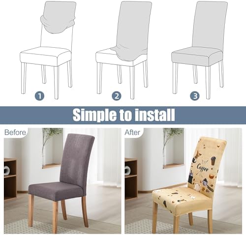 Modern Dining Chair Cover Set 8PCS Geometric Coffee Life Brown Microfiber Slipcovers