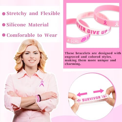 JUNEBRUSHS 42pcs Breast Cancer Awareness Silicone Wristbands