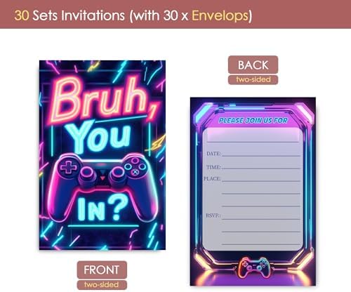 Bro You In Boys Birthday Invitations Neon Game 30 Sets with Envelopes