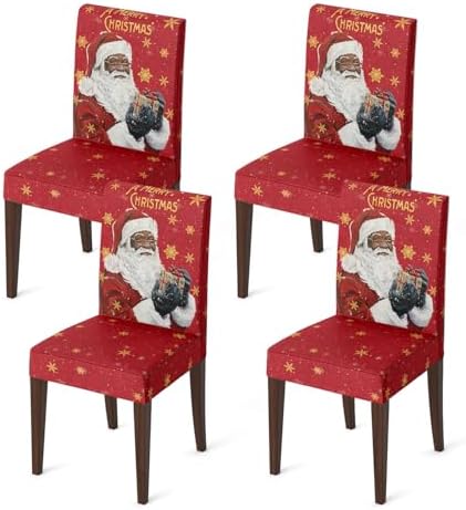 Horaldaily 4PCS Christmas Dining Chair Covers Black Santa Stretch Removable Washable Slipcover