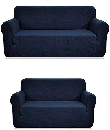 Luxury Home Stretch Fabric Slipcover Set Navy Blue 2 PCE