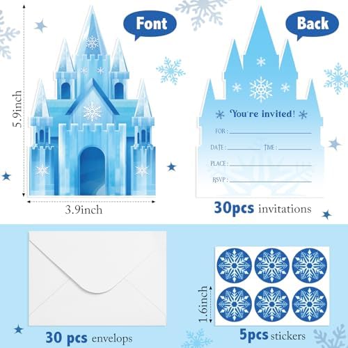 30 Piece Snowflake Castle Birthday Invitations with Envelopes and Stickers