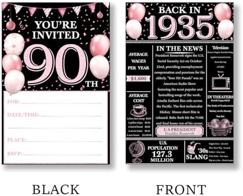 90th Birthday Invitations Set with Envelopes - Retro Pink Design