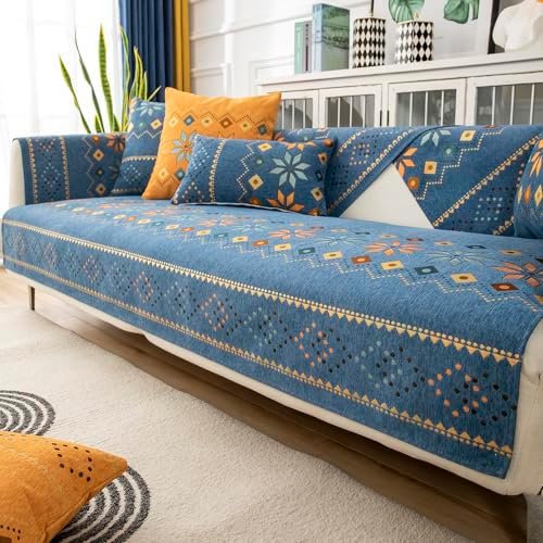 Boho Chenille Sofa Covers with Non-Slip Backing Blue Backrest 28x35in 70x90cm