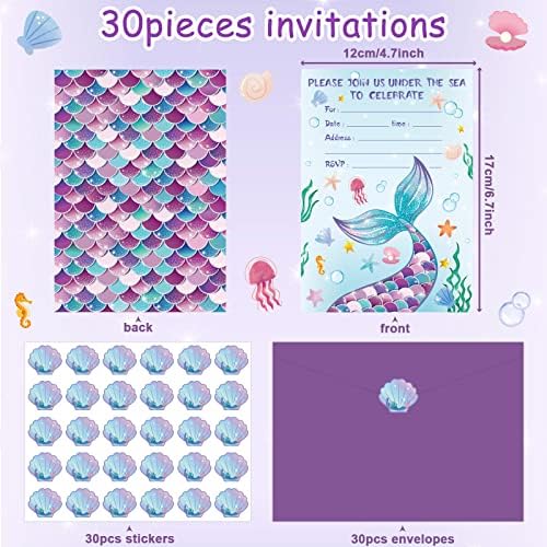 30 Pack Mermaid Birthday Invitations with Stickers and Envelopes 1