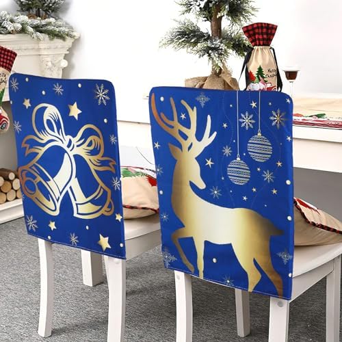 Christmas Chair Covers Set of 6 Blue and Gold