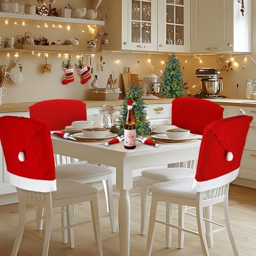 4PCS Red Santa Hat Dining Chair Covers with Pom Poms