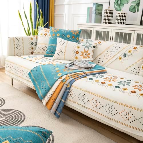 Boho Chenille Sofa Covers with Non-Slip Backing Blue Backrest 28x35in 70x90cm
