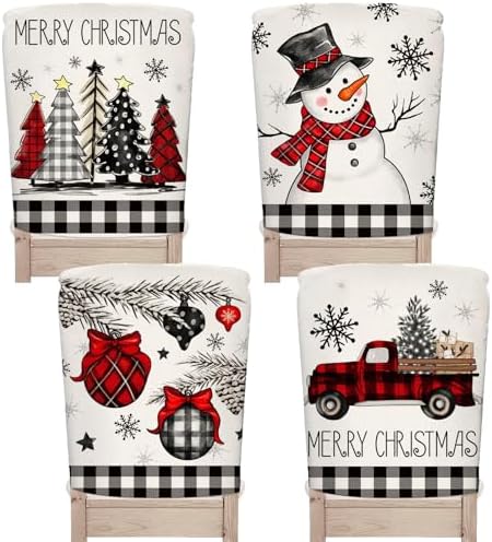 4Pcs Christmas Chair Back Covers Black White Plaid