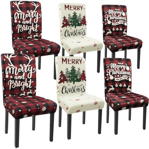 Christmas Chair Covers Set of 6 Buffalo Plaid Snowflakes Red