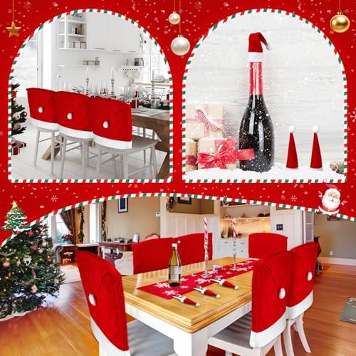 4PCS Red Santa Hat Dining Chair Covers with Pom Poms