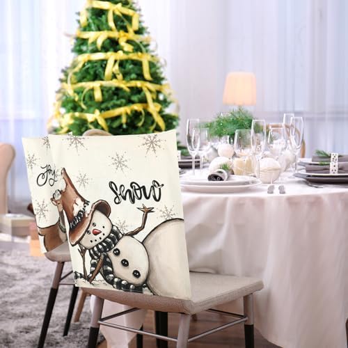 4Pcs Christmas Chair Covers with Snowman Reindeer Holly Berry Design