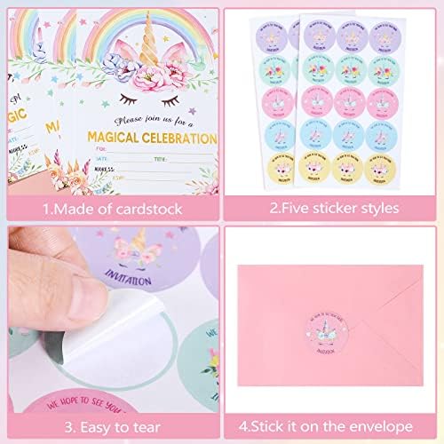 Spakon 24 Unicorn Birthday Party Invitations with Envelopes and Stickers