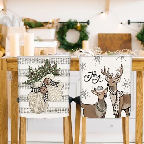 4Pcs Christmas Chair Covers with Snowman Reindeer Holly Berry Design