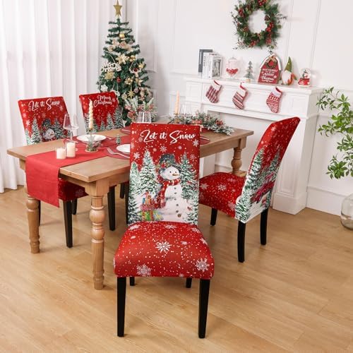 Ileading Christmas Chair Covers Set of 6 Red Truck Snowman Slipcover Protector