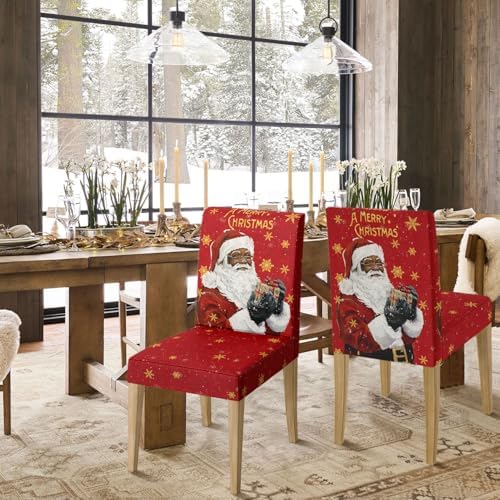 Horaldaily 4PCS Christmas Dining Chair Covers Black Santa Stretch Removable Washable Slipcover