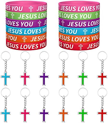 Haooryx Religious Bracelets Cross Keychains 24Pcs
