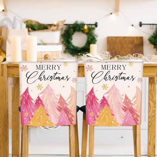 6Pcs Pink Christmas Tree Chair Back Covers for Dining Chairs