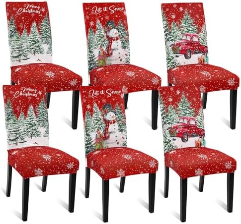 Ileading Christmas Chair Covers Set of 6 Red Truck Snowman Slipcover Protector