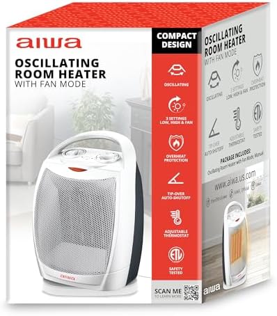 Aiwa Oscillating Heater with Handle 3 Heat Settings Overheat Protection
