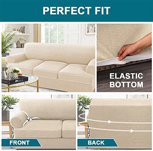 Turquoize 4 Piece T Cushion Sofa Slipcovers Stretch Fit Biscotti Beige