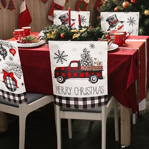 4Pcs Christmas Chair Back Covers Black White Plaid