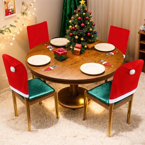 VADOO Christmas Chair Covers 6PCS Santa Hat with Silverware Holders