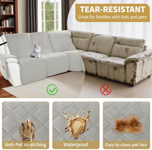 Waterproof Recliner Sectional Sofa Cover Set - 5 Seater Light Gray