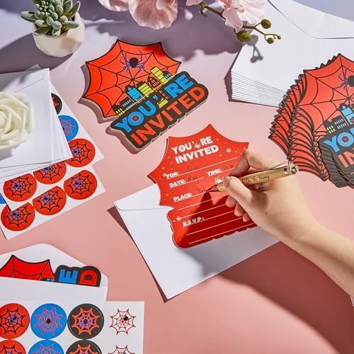 28 Pack Spider Web Birthday Invitations with Envelopes and Stickers
