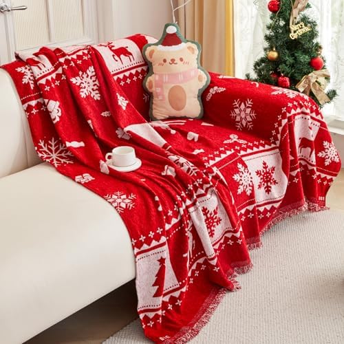 EVENHUG Reversible Christmas Sofa Cover with Tassels
