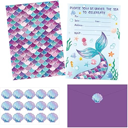 30 Pack Mermaid Birthday Invitations with Stickers and Envelopes 1