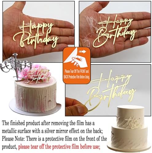 Happy Birthday Cake Topper Gold Mirror Acrylic 12 Pieces