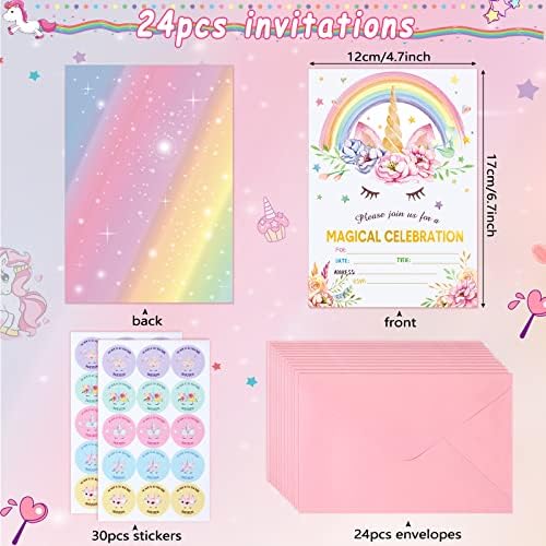 Spakon 24 Unicorn Birthday Party Invitations with Envelopes and Stickers