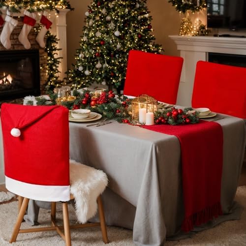 8 PCS Red Christmas Chair Covers with Santa Hat Design
