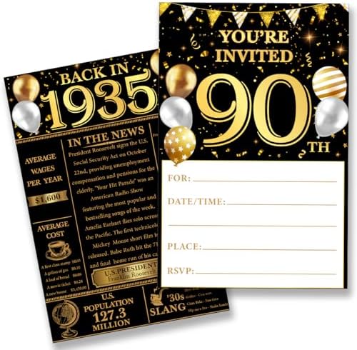 90th Birthday Invitations Set - 20 Cards and Envelopes