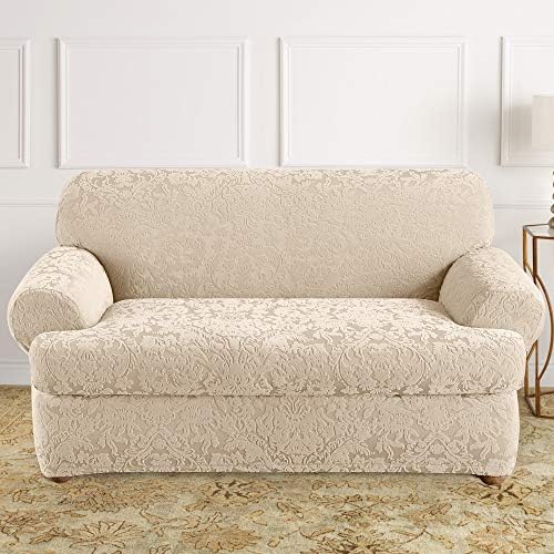 SureFit Stretch Jacquard Damask Loveseat Slipcover Oyster 1