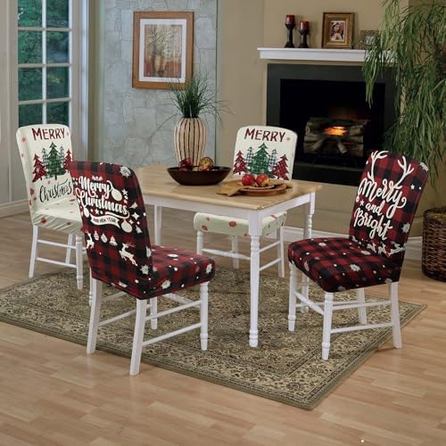 Christmas Chair Covers Set of 6 Buffalo Plaid Snowflakes Red