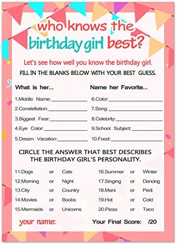 Yangmics Direct Birthday Girl Game Cards 20 Questions