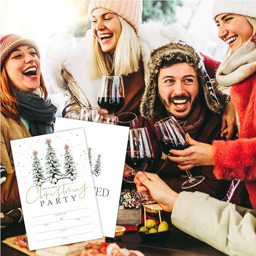 Christmas Party Invitation Cards with Snowy Pine and Star Design