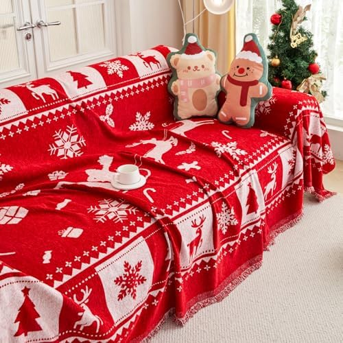 EVENHUG Reversible Christmas Sofa Cover with Tassels
