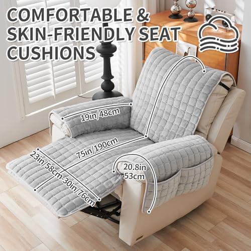 Plush Recliner Slipcover with Side Pockets for Kids and Pets