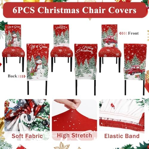 Ileading Christmas Chair Covers Set of 6 Red Truck Snowman Slipcover Protector