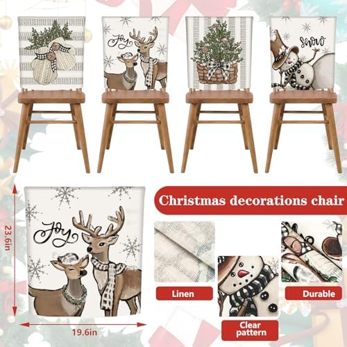 4Pcs Christmas Chair Covers with Snowman Reindeer Holly Berry Design